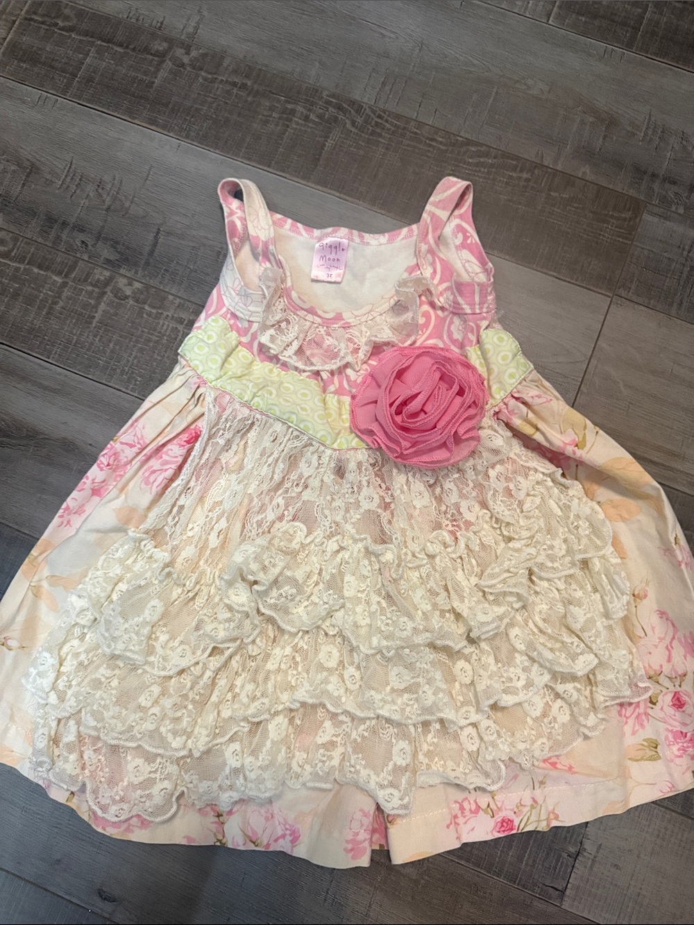 Giggle Moon Pink Floral Lace Rosette Dress